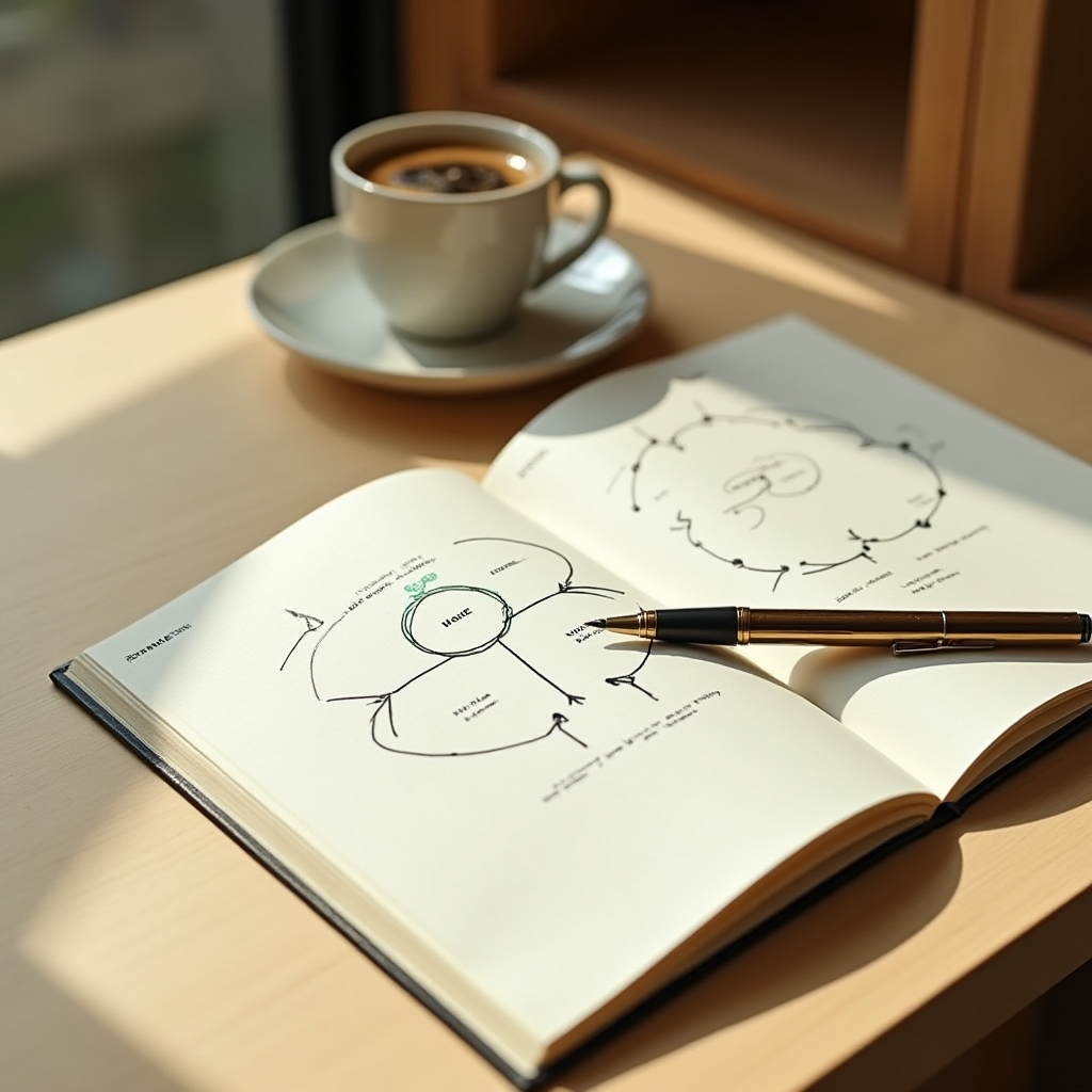 Workspace minimalista con singolo notebook e penna, luce naturale morbida, atmosfera di concentrazione