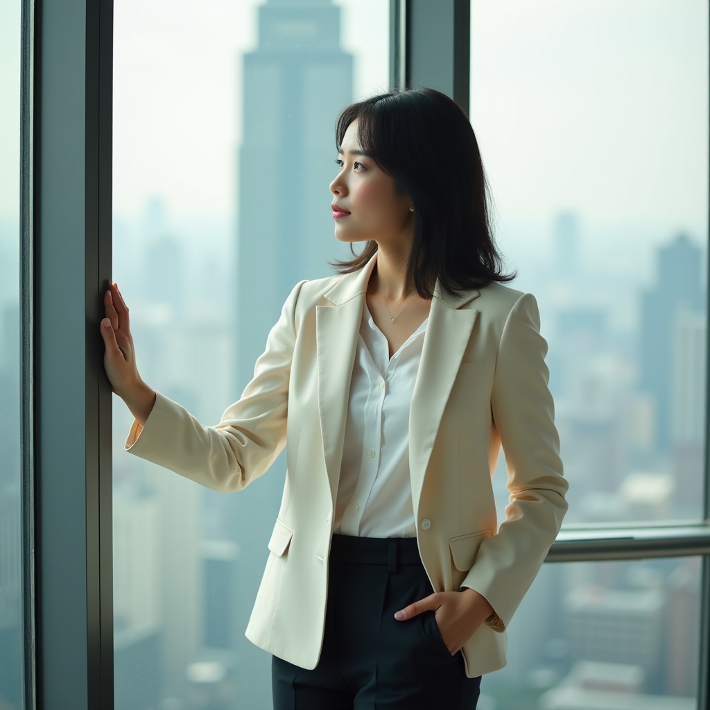 Professionista donna asiatica 30 anni in atteggiamento riflessivo davanti a finestra panoramica con skyline urbano