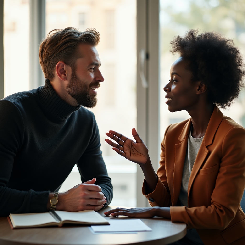 Due professionisti in conversazione strategica vicino a una finestra con luce naturale, ufficio moderno